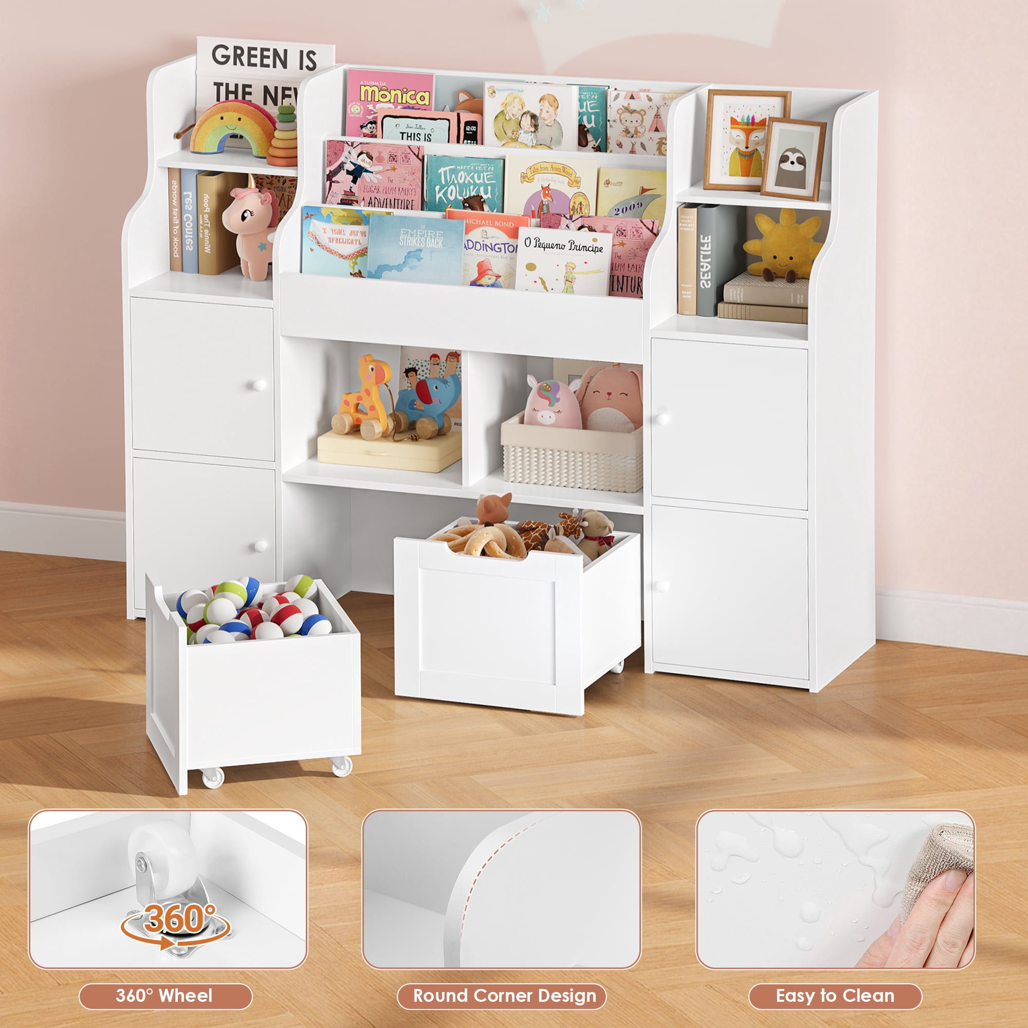 Homfa 4 Doors Kids Bookcase with 3 Tier Book Racks & 2 Mobile Drawers, 4 Cube Bookshelves Toy Storage Organizer for Playroom Kids Room, White