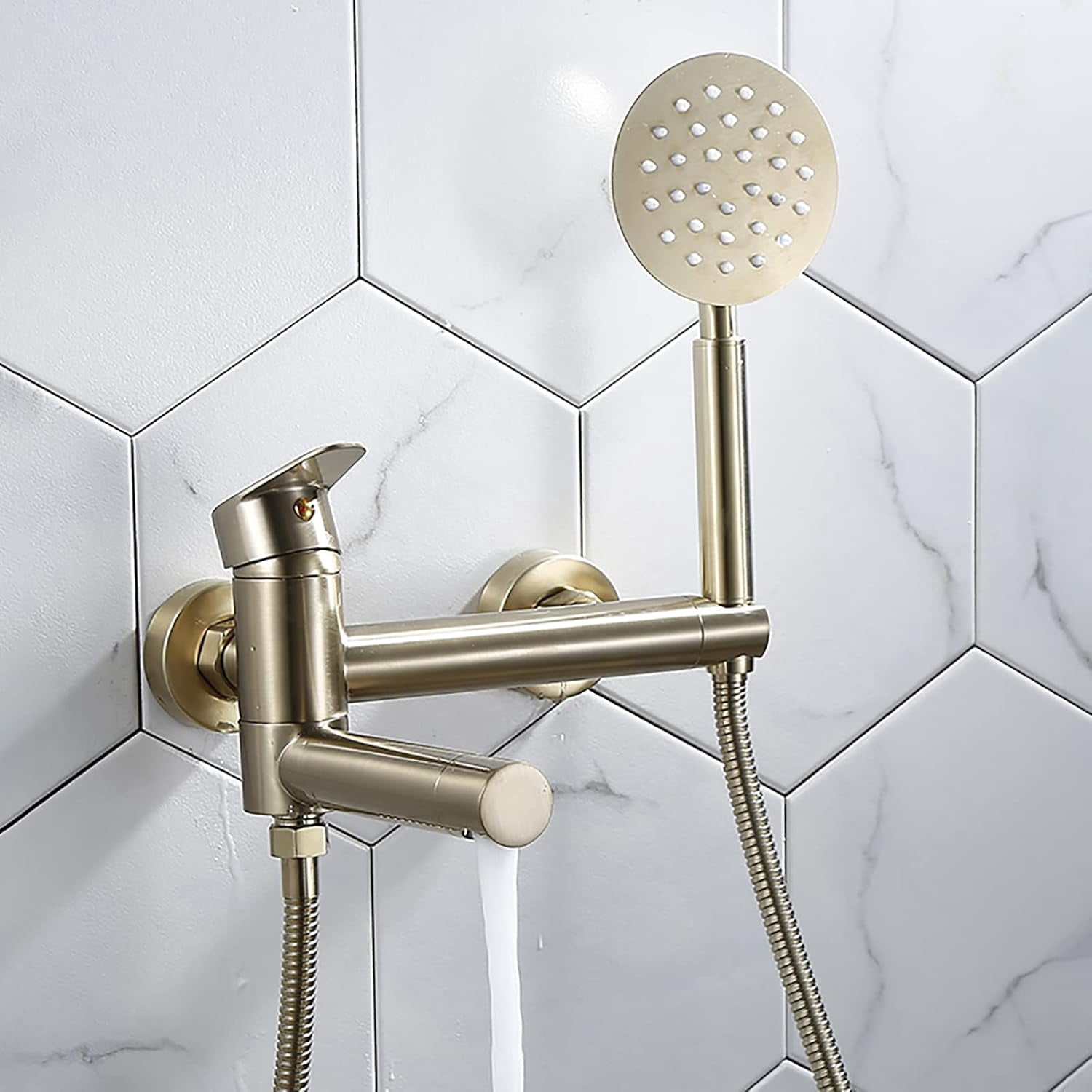 Swivel Bathtub Faucet Wall Mount Tub Filler Faucet Brass Bath Mixer Tap Single Handle 2 Holes Bathtub Tap with Handheld Shower Tub Shower Faucet, Brushed Gold