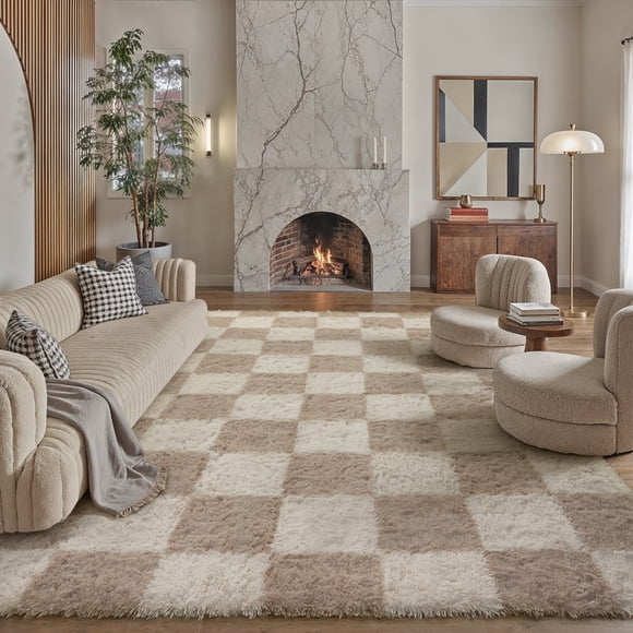 BERTHMEER 8'x10' Shag Area Rugs for Living Room Bedroom Dining Room Office Farmhouse Modern Checkered Contemporary Plush Soft Large Carpets Indoor Fuzzy Fluffy Washable Rugs, Beige White