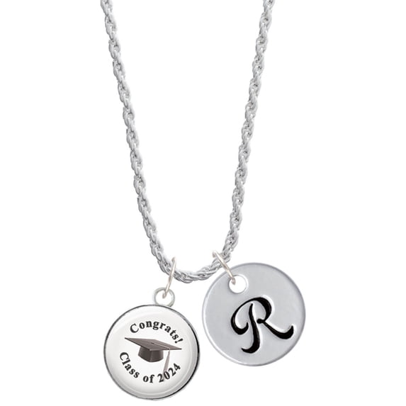 Delight Jewelry Silvertone Domed Class of 2024 Silvertone Script Initial Disc - R - Charm Necklace, 20"+3"