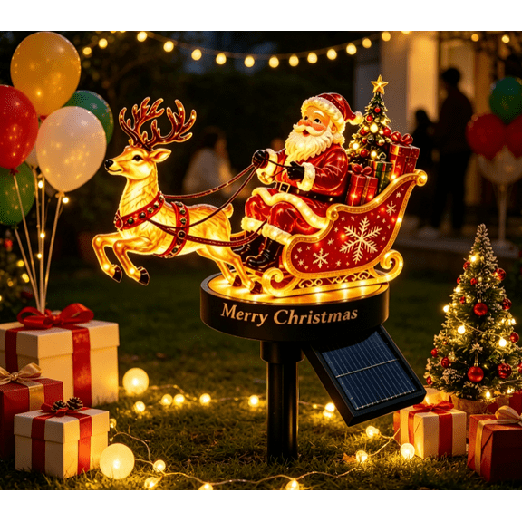 Solar Powered Santa & Golden Reindeer Sleigh Garden Stake Light, LED Illuminated Christmas Ornament for Lawn Backyard Porch Festive Night Display
