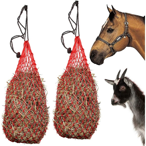 2 pcs Ultra Slow Feed1.5"x1.5" Holes 42”Long Hay Net for Horses, Rope Hanging, Adjustable Travel Feeder for Trailer and Stall, Simulates Grazing, Reduce Waste (Red)