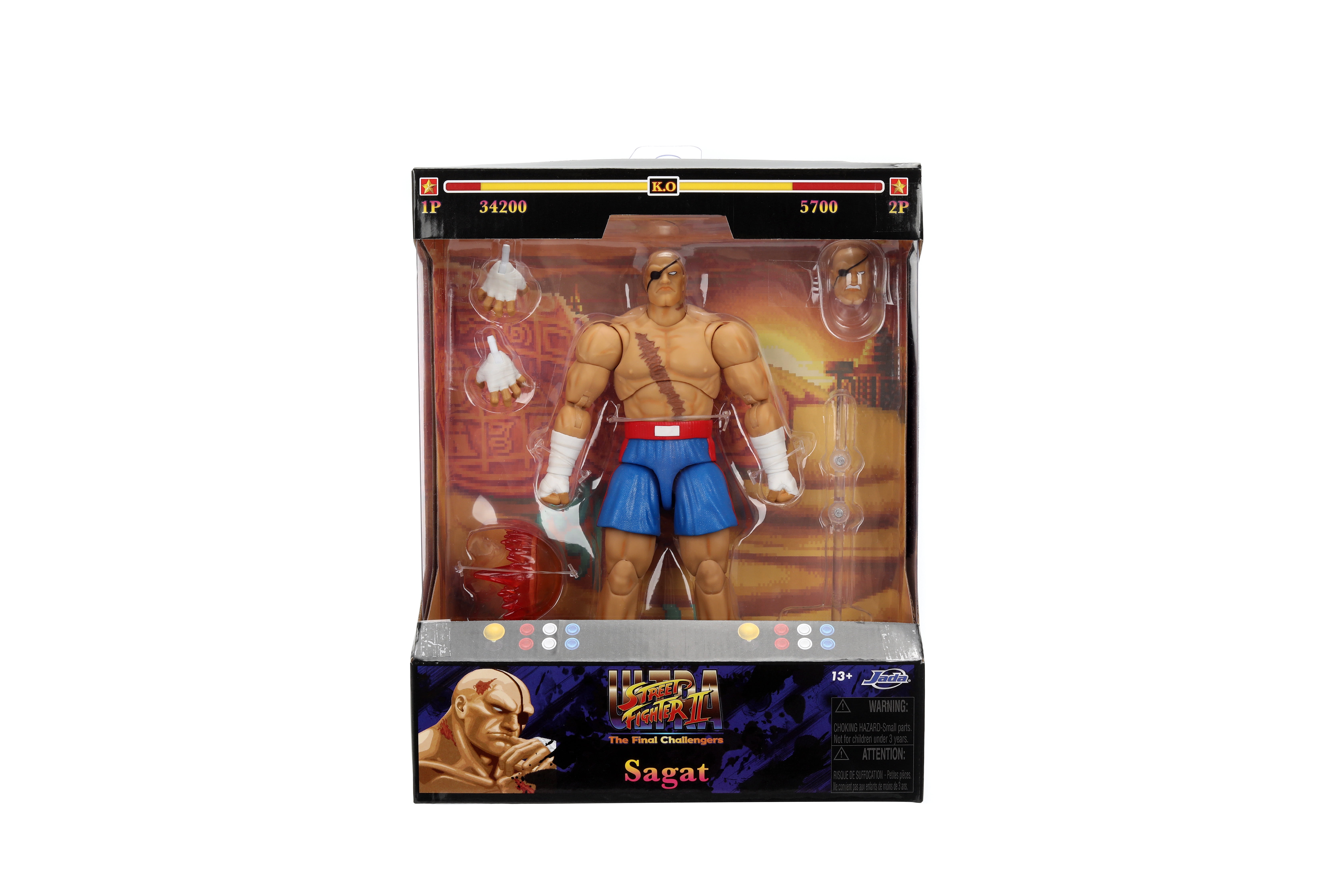 Street Fighter II Sagat Deluxe 1:12 Scale Action Figure by Jada Toys - Highly Articulated, Tiger Shot Accessory & Stand, 7.6" Tall