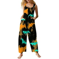 WTOBBY Halloween Themed Women's Casual Jumpsuit in Sleeveless Cotton Design, Printed for Style, Comfortable Loose Fit Perfect for Daily Activities,Fluorescence YellowL