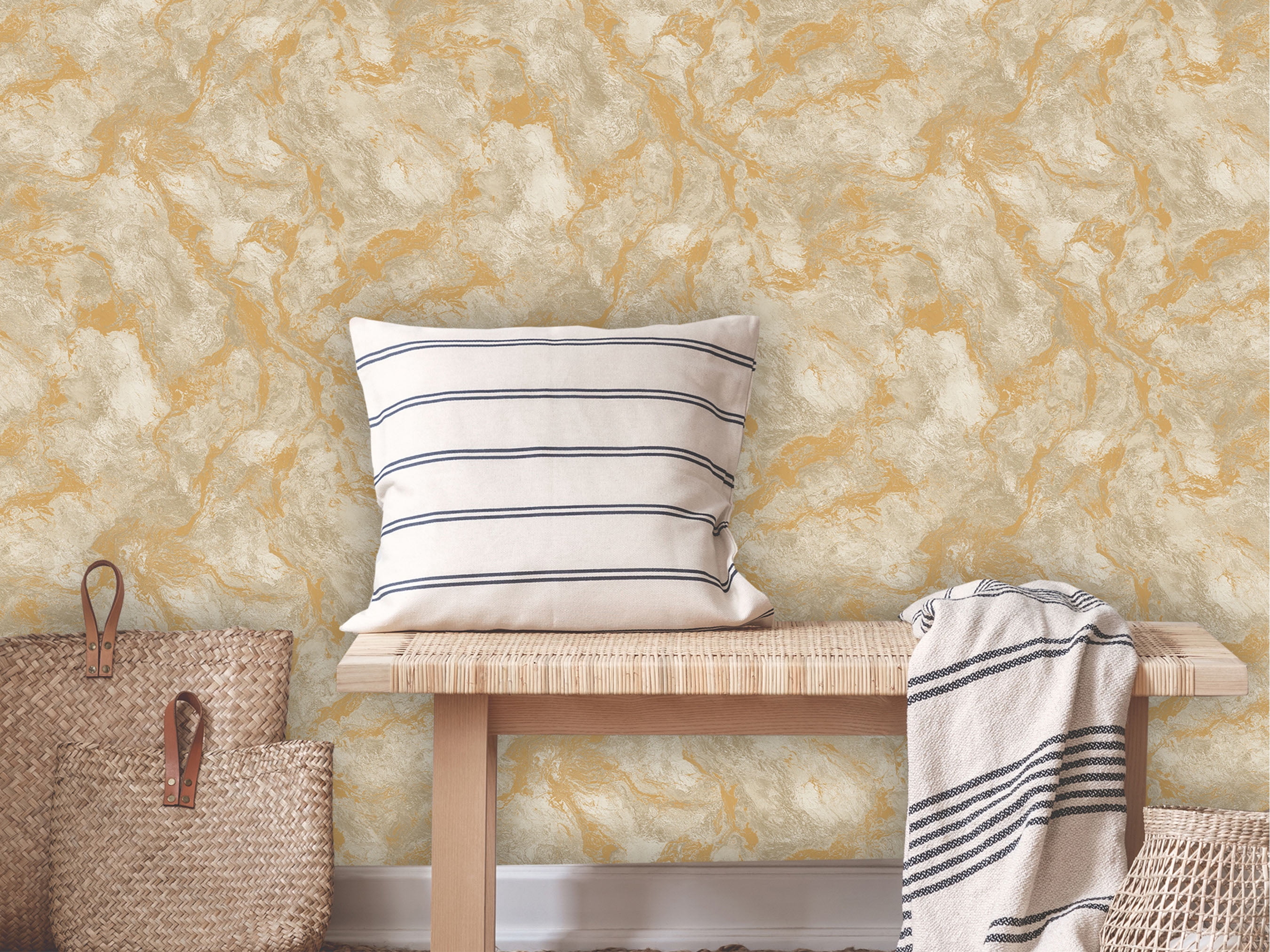 Elegant Goldish Beige Textured Wallpaper, Premium Wallcovering Roll, 41.7”W X 393”H 113.8 sq ft
