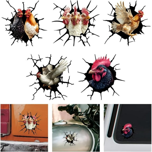 5Pcs 3D Chicken Vinyl Car Sticker Rooster Animal Crack Car Decals for Vehicle Decoration Funny Cock Waterproof Self-Adhesive Vinyl Stickers for Farm Truck Car Motorcycle Window Laptop Luggage