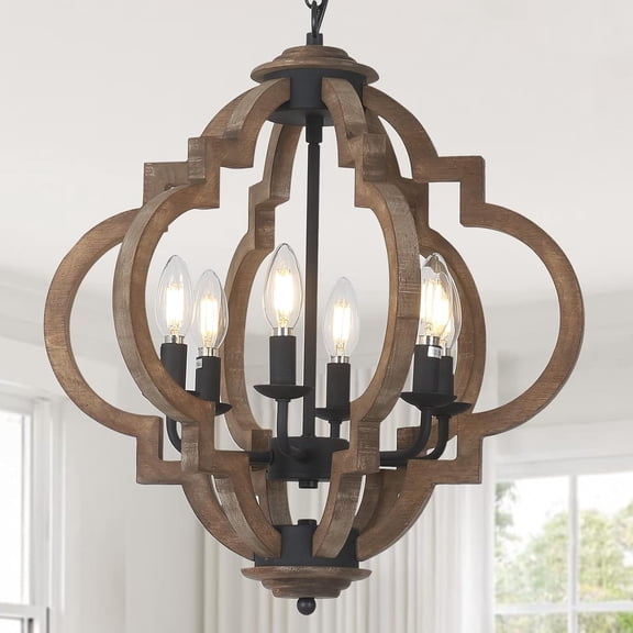 Elleree Farmhouse Light Fixture Wood Candle Stick Chandeliers for Dining Room Living Room, Boho Art Deco Bedroom Chandelier Ceiling Light