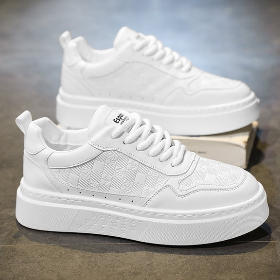 New/Men's Classic White Casual Sneakers with Asymmetrical Grid Texture on Synthetic Upper Lightweight Lace-Up Design All Season Versatile Everyday Footwear