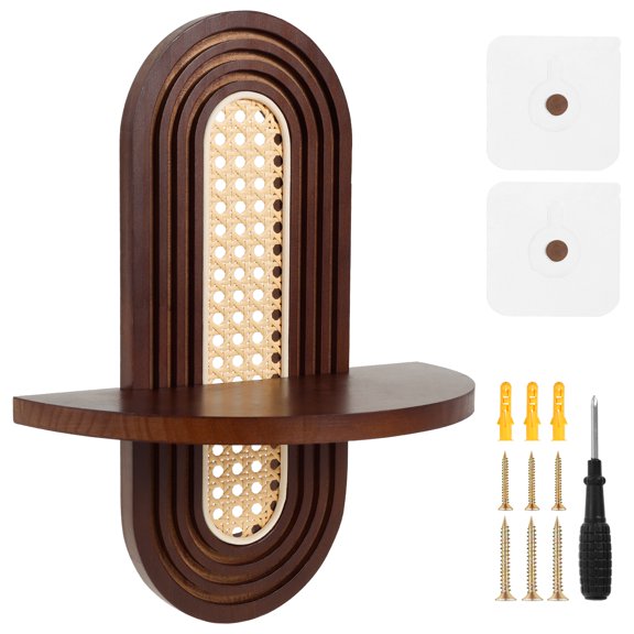 Wall Mounted Shelf Rattan Woven Vintage Decorative Storage Rack with Screw and Hook for Living Room Corridor Entrance