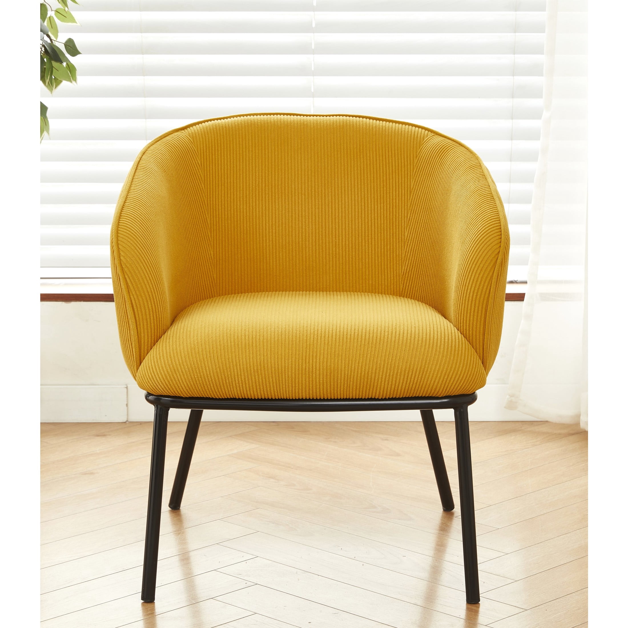 GDF Studio Mid-Century Modern Barrel Accent Chair with Corduroy Upholstery & Metal Legs, Yellow