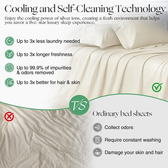 Silver Infused Bed Sheets Set, Temperature-Regulating Fabric with Self-Cleaning Technology for 3X Freshness Sleep, Genuine  Organic Viscose Derived from Bamboo (OffWhite, Queen)