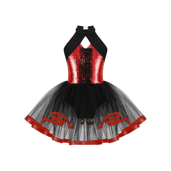 Haitryli Kids Girls Sequins Shiny Ballet Dance Dress Latin Jazz Gymnastic Tutu Leotard Performance Costume Red 8