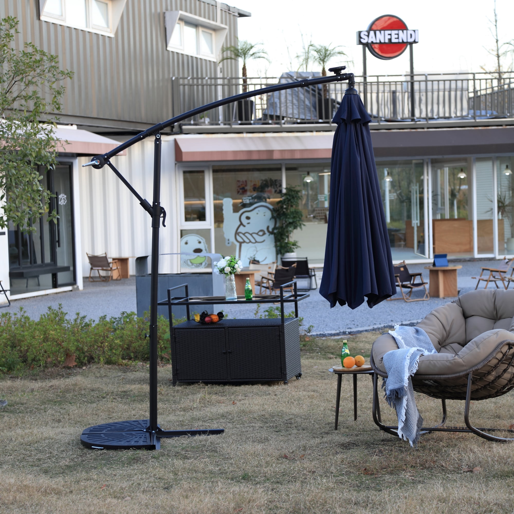 Leumius 10ft Solar LED Patio Umbrella, Offset Cantilever Outdoor Umbrella with 40 LED Lights, Infinite Tilt, 360 Degree Rotation, Crank Handle for Pool Deck Garden Backyard,Navy Blue(No Base)