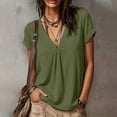thumbnail image 5 of QUNYINEY Short Sleeve Tshirts Women Trendy Green Cotton Linen Casual Tops Summer Loose Fit Pullover V Neck Pleated Shirts, 5 of 8