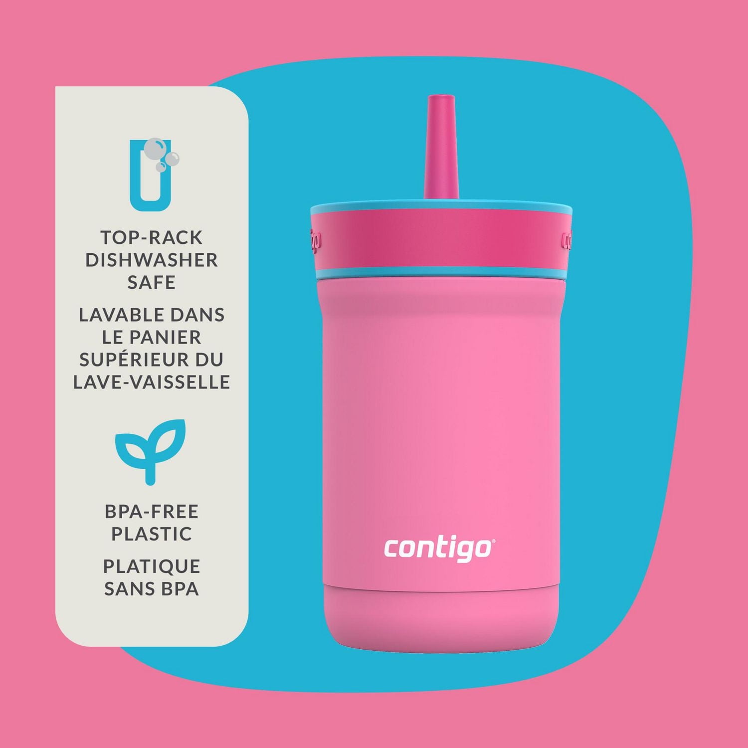 Contigo Kids Leighton Spill-Proof Stainless Steel Tumbler with Straw, 12 oz (354 mL), Azalea & Strawberry
