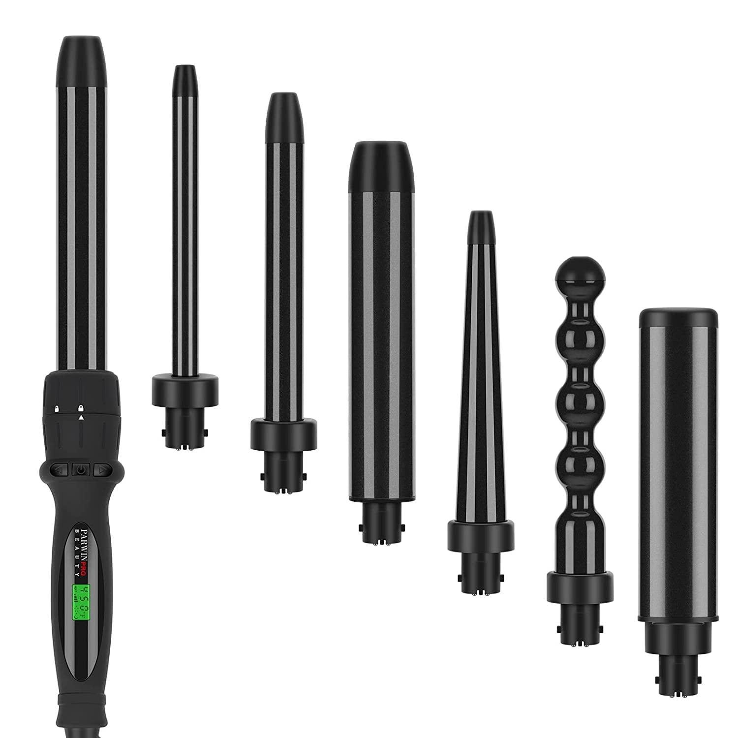 CNV 7 in 1 Curling Iron Wand Set,Dual Voltage Curling Wand with 7 Interchangeable Diamond Ceramic Hair Curler Wands with LCD Temperature Control Auto Shut Off Black