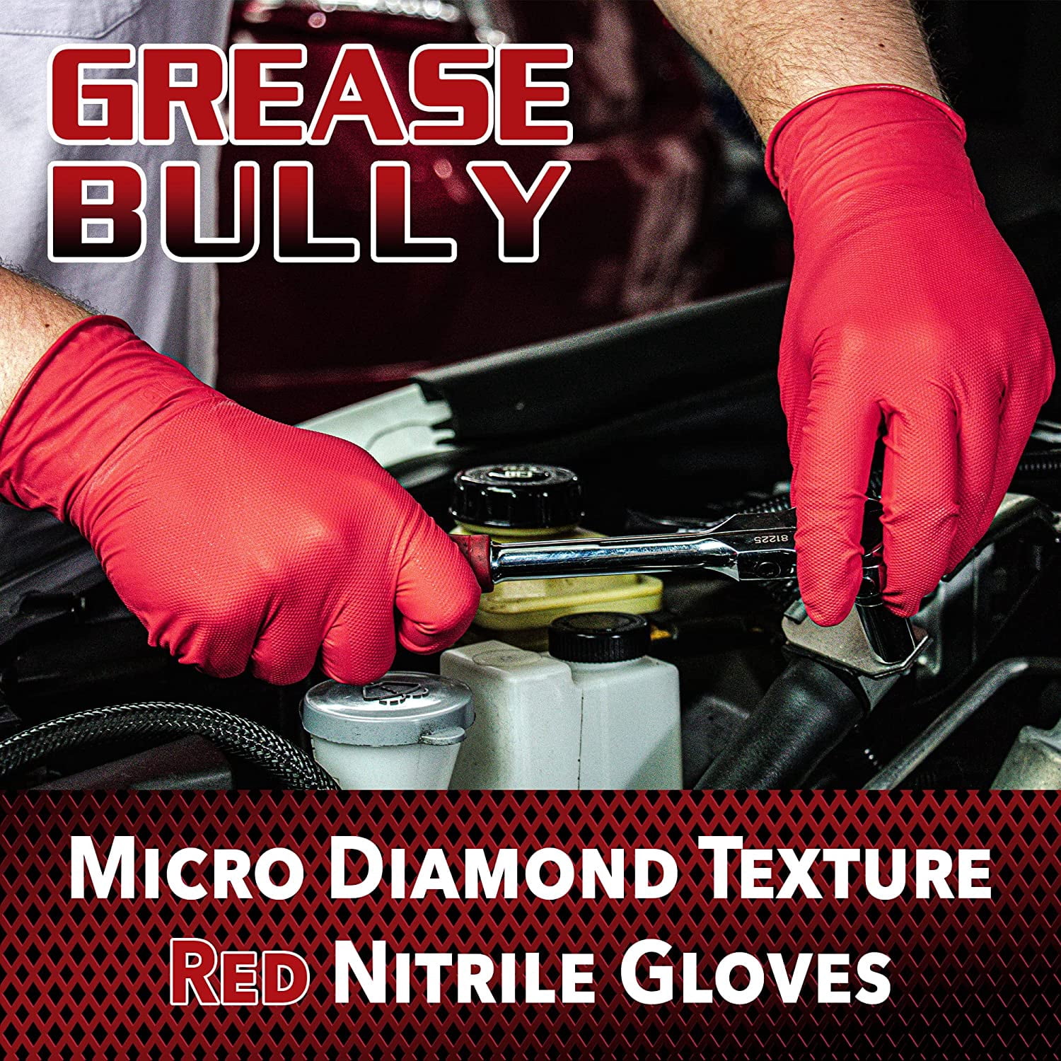 Eppco Grease Bully MDT Nitrile Gloves, Red, 7MIL, Micro-Diamond Texture, Large, 10 Boxes