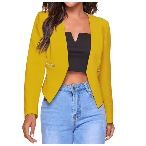 Arlun Womens Open Front Work Blazer Long Sleeve Lightweight Comfy Business Casual Office Jackets Solid Color Open Front Slim Fitted Cardigans with Pockets Yellow XL