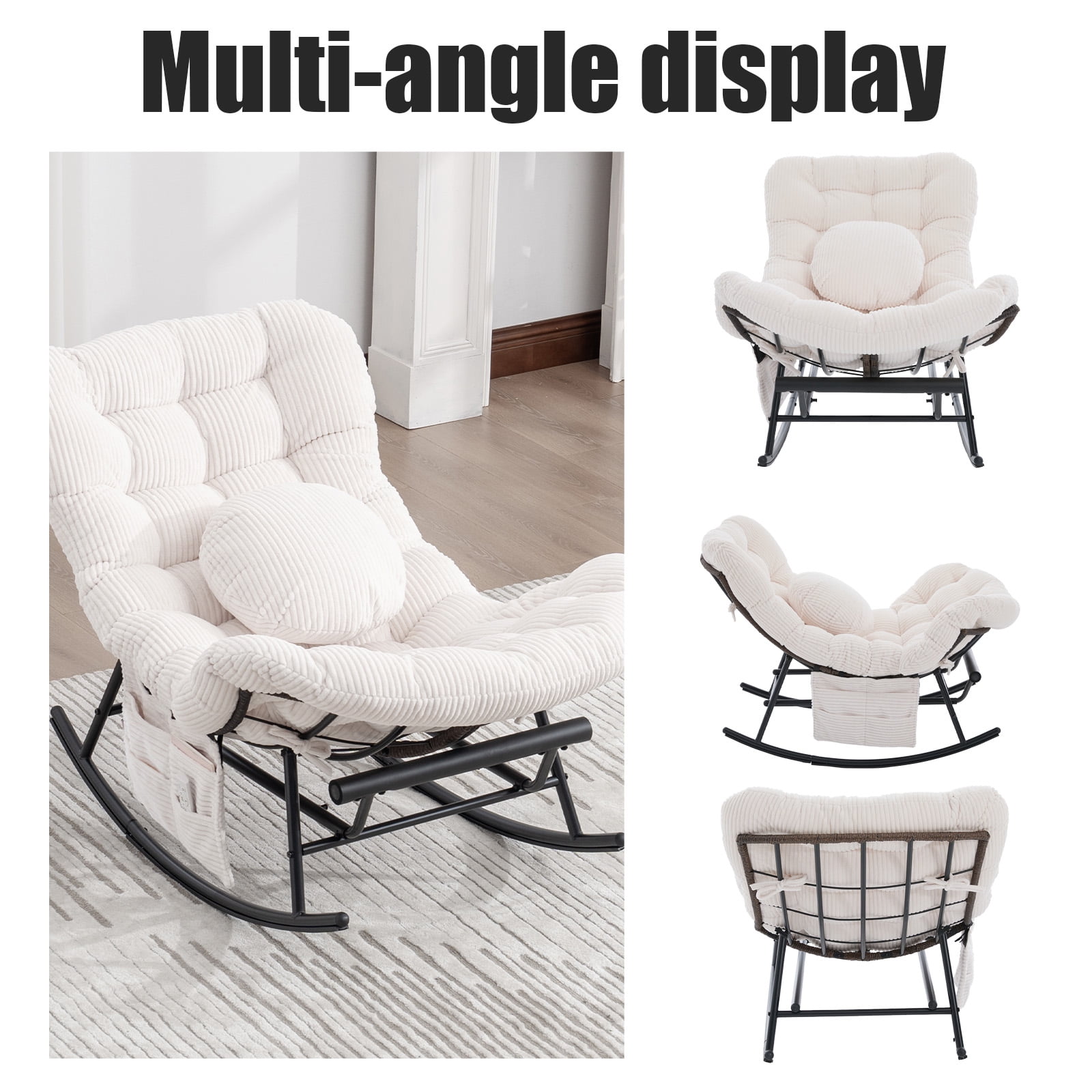 MOONMISS Outdoor Rocking Chair with Footrest, Indoor Oversized Comfort Reading Chair Cover with Cushion, Patio Rocking Chair Lounger,Beige