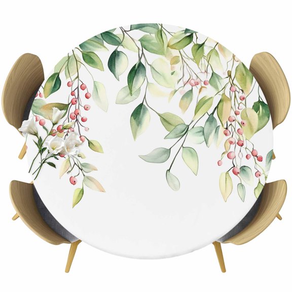 Green Summer Eucalyptus Leaves Round Tablecloth 55-60 Inch Round Fitted Table Cloth with Elastic Edge, Spring Botanical Watercolor Waterproof Table Cover Protector for Outdoor Picnic Party Dining
