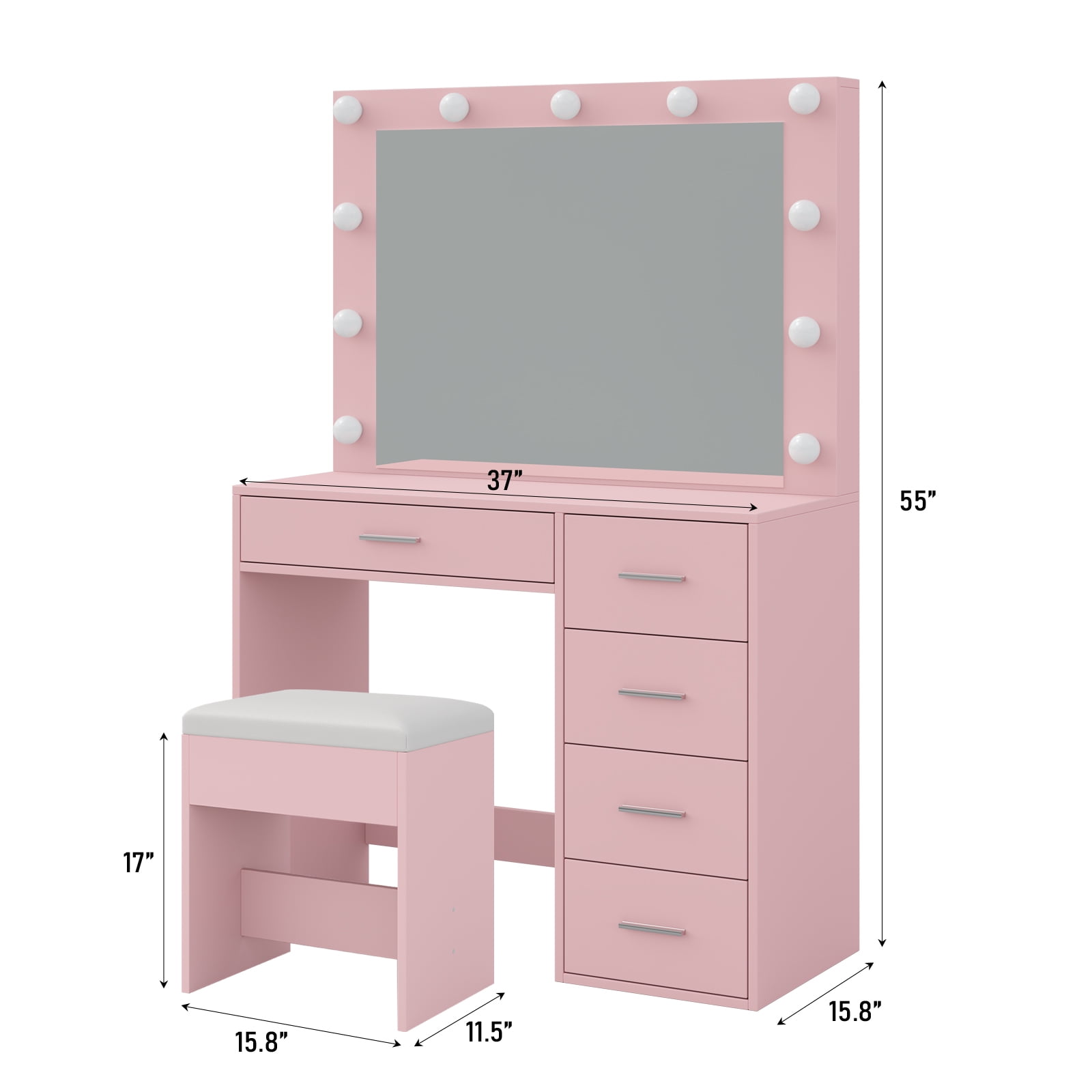 Yanosaku Lighted Vanity Desk with Mirror, Adjustable 3-Mode LED Lights, 5 Storage Drawers, Stool Included, White