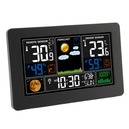 Nieyigj Multifunctional Weather Station Clock Large Color Display For Indoor Outdoor Temperature Humidity Air Pressure US Plug 100-240V Black Edition