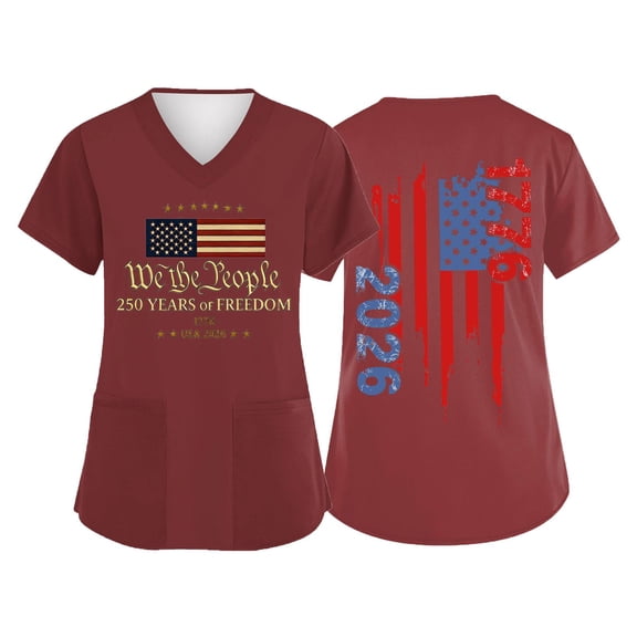 Women 250th Anniversary Scrub Tops American Flag Print 1776-2026 Short Sleeve Nursing Uniforms V Neck Moisture Wicking Classic Fit Breathable Shirts with Pockets, #01 Deep Red, M