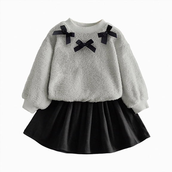 Enyan Girl's Cute 2 Piece Outfits Sherpa Fleece Bow Sweatshirt and A Line Flare Skirt Set,4 Years