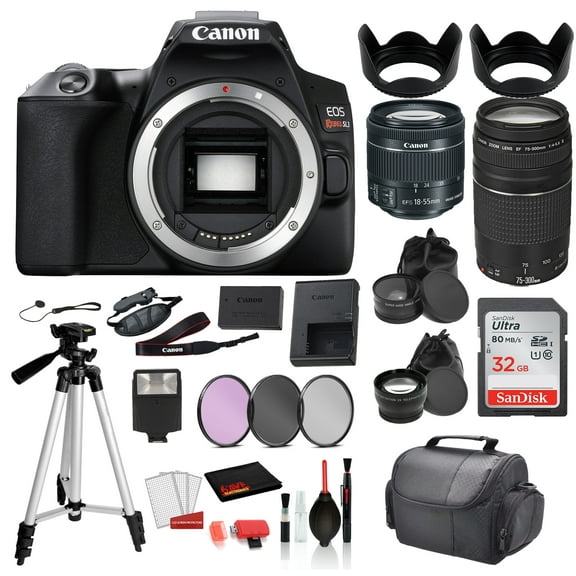 Canon EOS Rebel SL3 Digital SLR Camera with 18-55mm Lens and EF 75-300mm Lens 3453C002 Professional package deal Bundle Sandisk 32gb SD Card 3PC Filter Kit 57 Tripod International Model