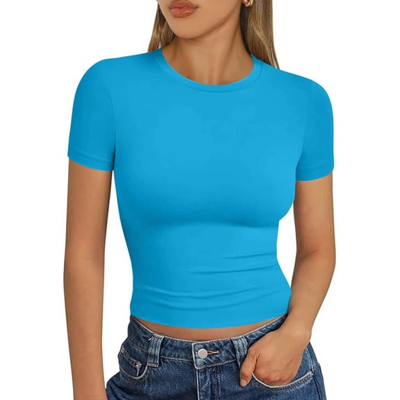 OIOLOYJM Women's Crew Neck Short Sleeve T-Shirt Summer Basic Casual Slim Fitted Athletic Shirts Stretchy Soft Going Out Workout Gym Tops Blue S