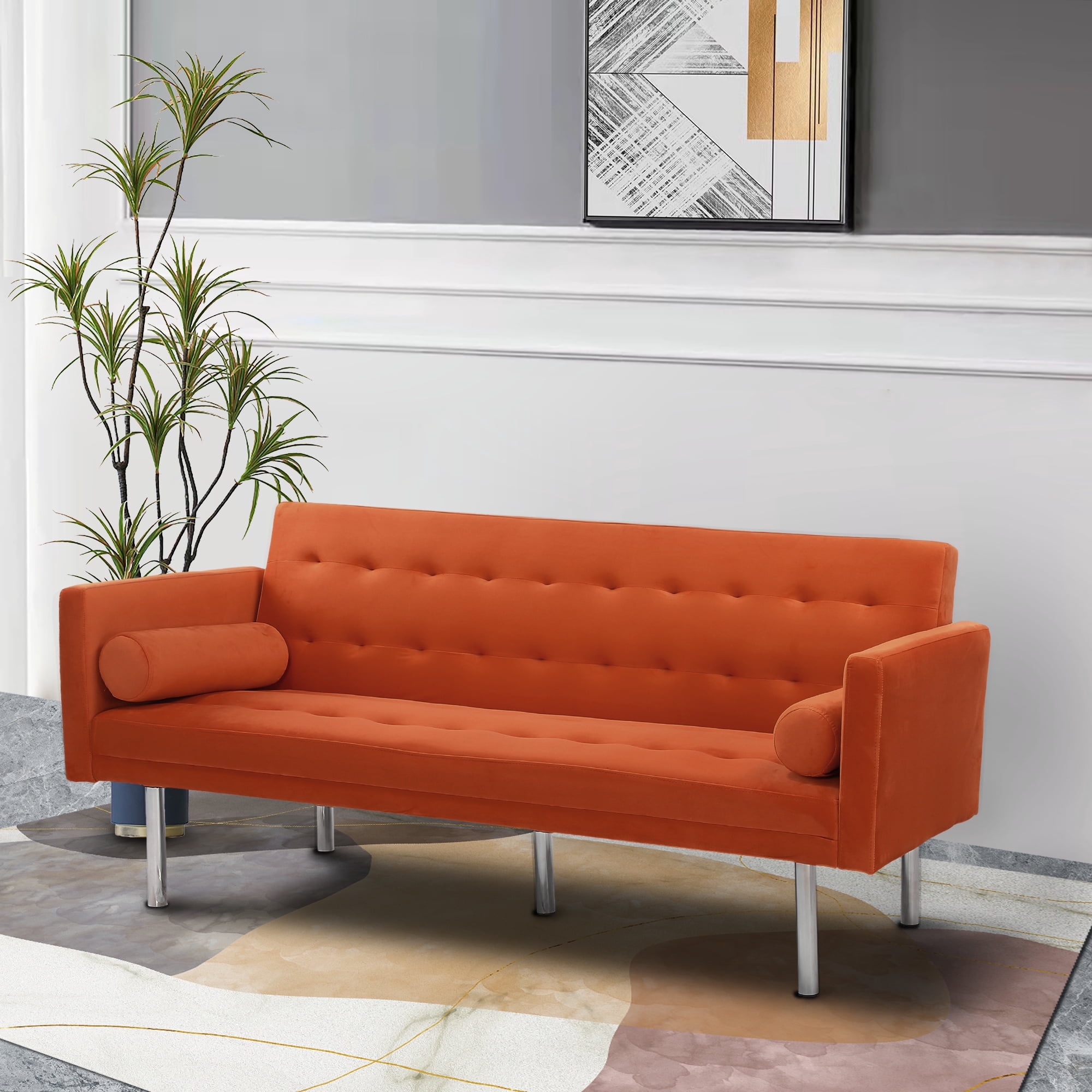 DEALTOPS Velvet Futon Sofa Bed Upholstered Convertible Sofa Couch, Recliner Modern Tufted Back Couch Lounge for&nbsp;Living Room - Orange