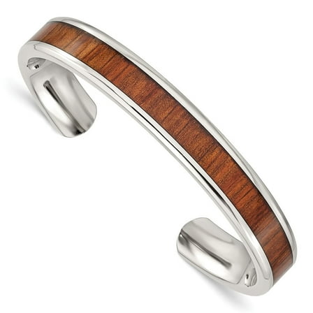 Diamond2Deal Stainless Steel Polished with Red/Orange Koa Wood Inlay Cuff Bangle Bracelet for Men 7"