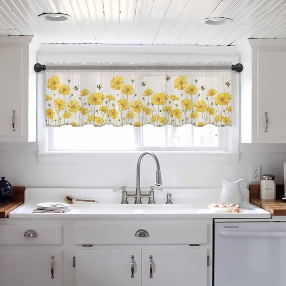 Yellow Floral Bee Valance Curtains for Kitchen/Living Room/Bathroom/Bedroom Window, Summer Watercolor Botanical Flower Rod Pocket Small Topper Half Short Window Curtains Voile Sheer Scarf 42"x18"
