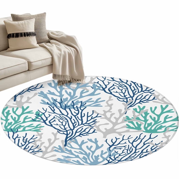 Navy Blue Coral Coastal Round Area Rug 4 FT, Non Slip Indoor Outdoor Rug, Summer Beach Seaside Nautical Washable Soft Circular Carpet Non-Shedding Floor Mat for Coffee Table Nursery Foyer Balcony