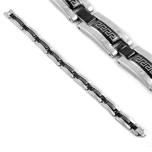 Stainless Steel Bracelet with Black PVD Greek Design in The Middle of The Links - 8.5 in.