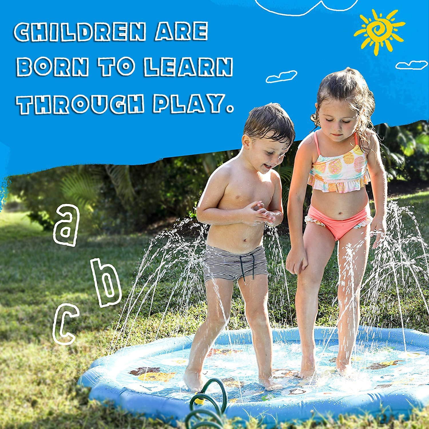 Kids Inflatable Splash Pad Sprinklers Mat Pool, Blue, 68"