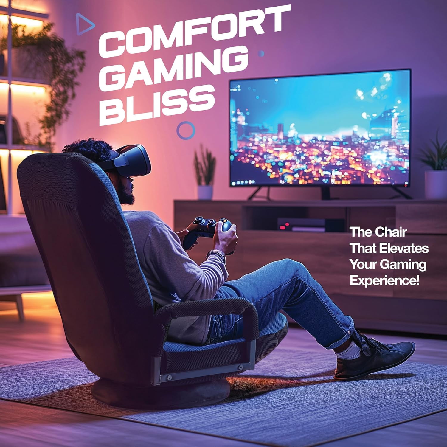 Maple99 Swivel Gaming Floor Chair - Enjoy 6 Different Positions, Adjustable Lumbar Support, Removable Polyester Cover & Arm Rests, Folds to Store, Stylish Blue with Black Center Stripe