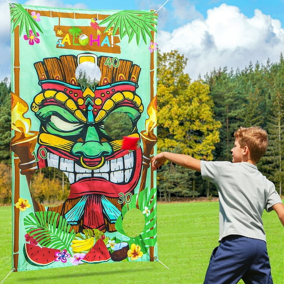 Novelty Place Hawaii Luau Party Toss Game Set Banner with 4 Bean Bags - Fun Summer Tiki Luau Party Activities, Tropical Carnival Outdoor Games and Decorations