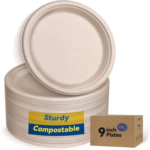 9 Inch Heavy Duty Paper Plates 125 Pack  Sturdy Disposable Plates, Compostable Biodegradable Sugarcane & Bamboo Fiber, Natural Paper Plate for Dinner Camping Everyday Use