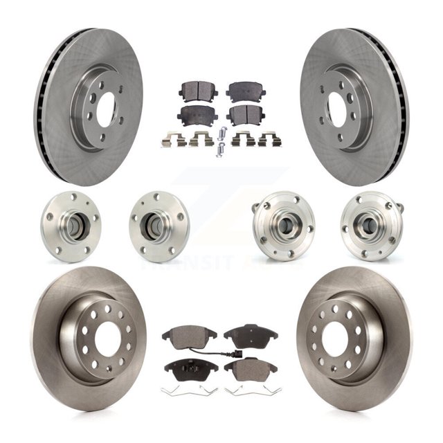 Transit Auto Front Rear Hub Bearings Assembly Disc Brake Rotors and Semi-Metallic Pads Kit (10Pc) for Car Volkswagen CC with 340mm Diameter Rotor - Left Right Side (Driver Passenger) KBB-114411