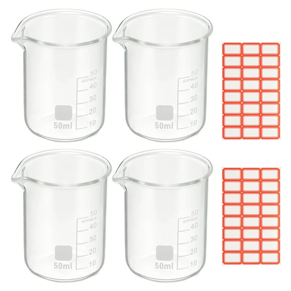 50ml Glass Beaker, 4 Pack Measuring Glass Beaker Graduated Borosilicate Lab Cups Mug Low Form Heat Safe Transparent with Spout Label for Laboratory Science Kitchen Liquids