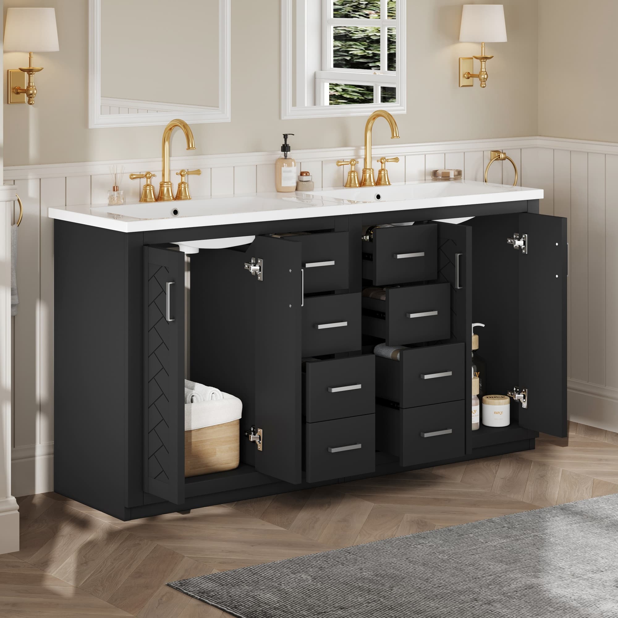 Euroco 60'' Bathroom Vanity with Ceramic Sink Combo,Solid Wood Frame Bathroom Storage Cabinet, Freestanding Vanity Set with 3 Drawers& Soft Closing Doors