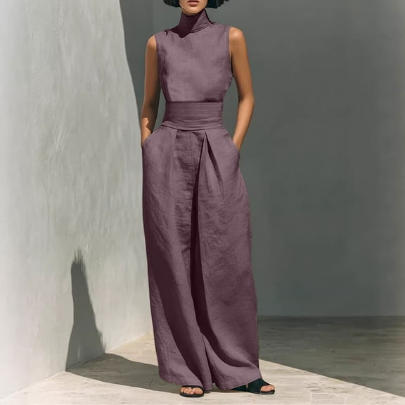 LEKWK Linen Sets for Women 2 Piece Sleeveless High Neck Tops and High Waist Wide Leg Pants with Pockets Summer Fashion Casual Business Workwear