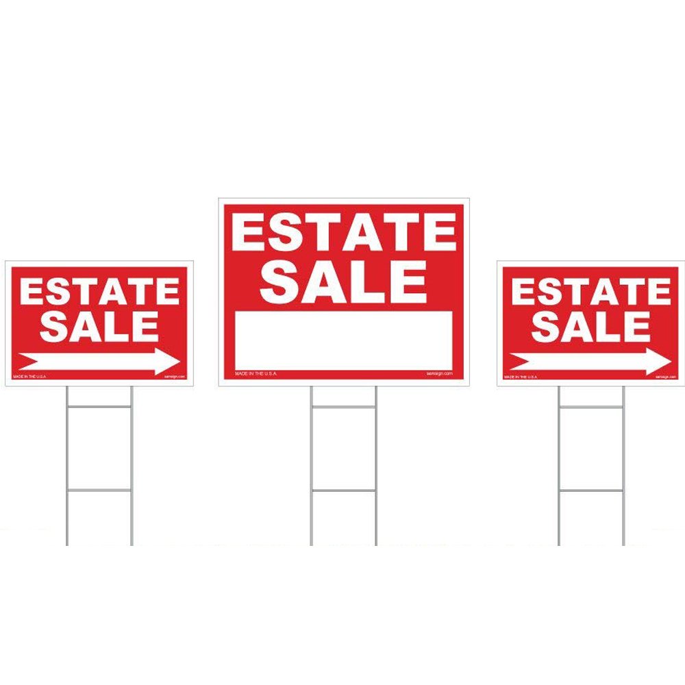 3Pack Estate Sale Sign Kit Double Sided Signs & With HStakes Red