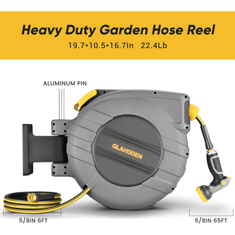 GLAHODEN Retractable Garden Hose Reel - 1/2 in x 140 ft Upgraded UV  Resistant Automatic Wall Mounted Water Hose Reel 3/4 in Brass Fitting 9  Pattern