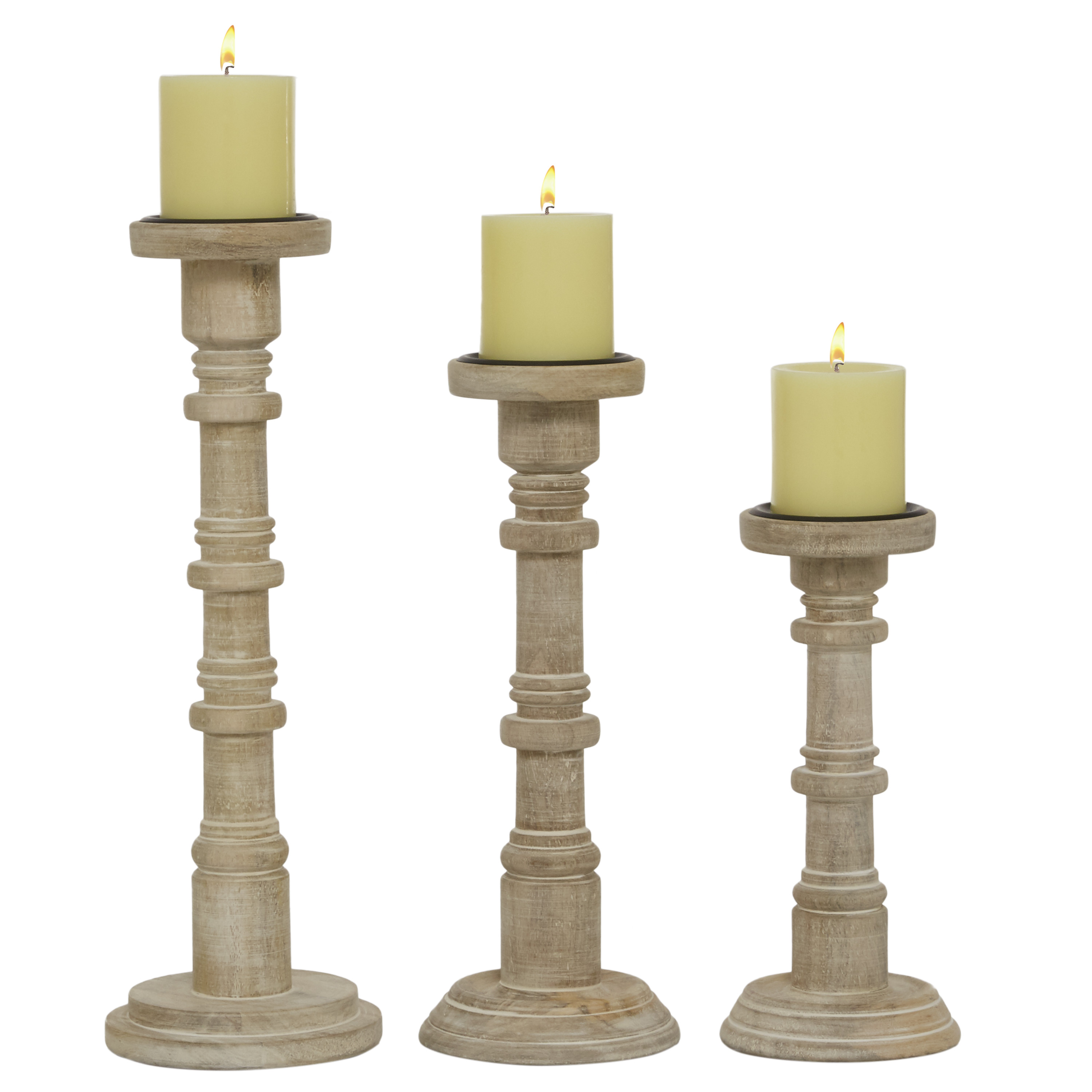 Decmode Round Light Natural Wood Carved Candle Holders, Set Of 3 11