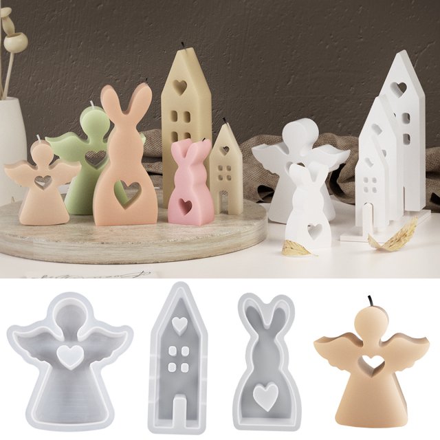 Molde de silicona para casa de conejo de tamaño pequeño y grande, molde decorativo de yeso con forma de ángel de amor, molde de epoxi de Pascua
