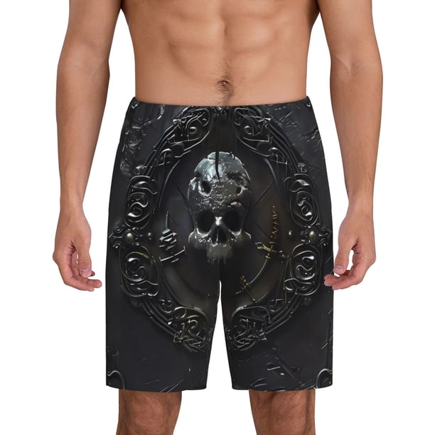 Balery Ornate Dark Skull Book Pantalones cortos de pijama de punto de algodón para hombre con cinturilla y bolsillos-XX-Large