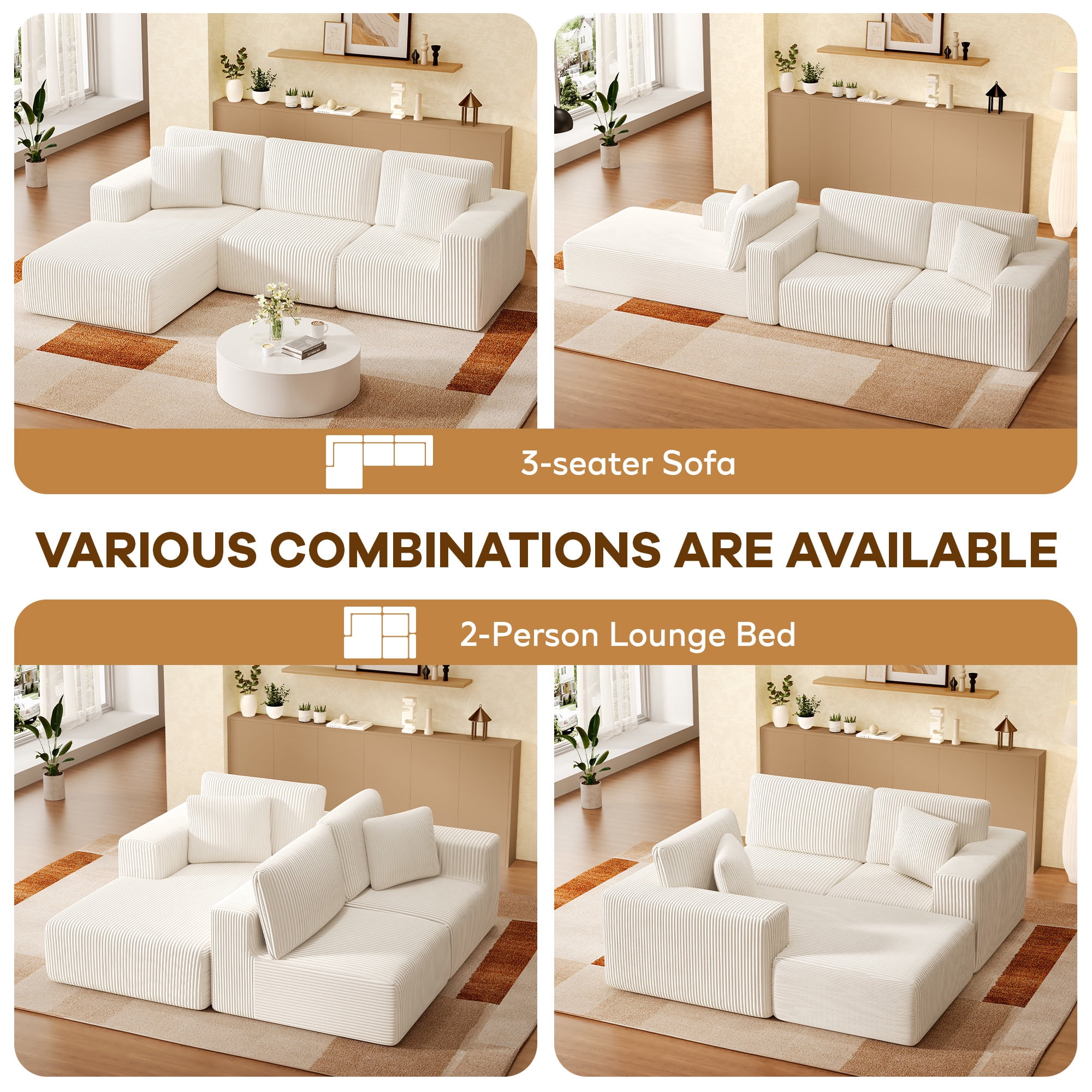 SERWALL 107" Modular Sectional Sofa, L Shaped Cloud Sectional Couch, Boneless Convertible Sofa for Living Room, Beige