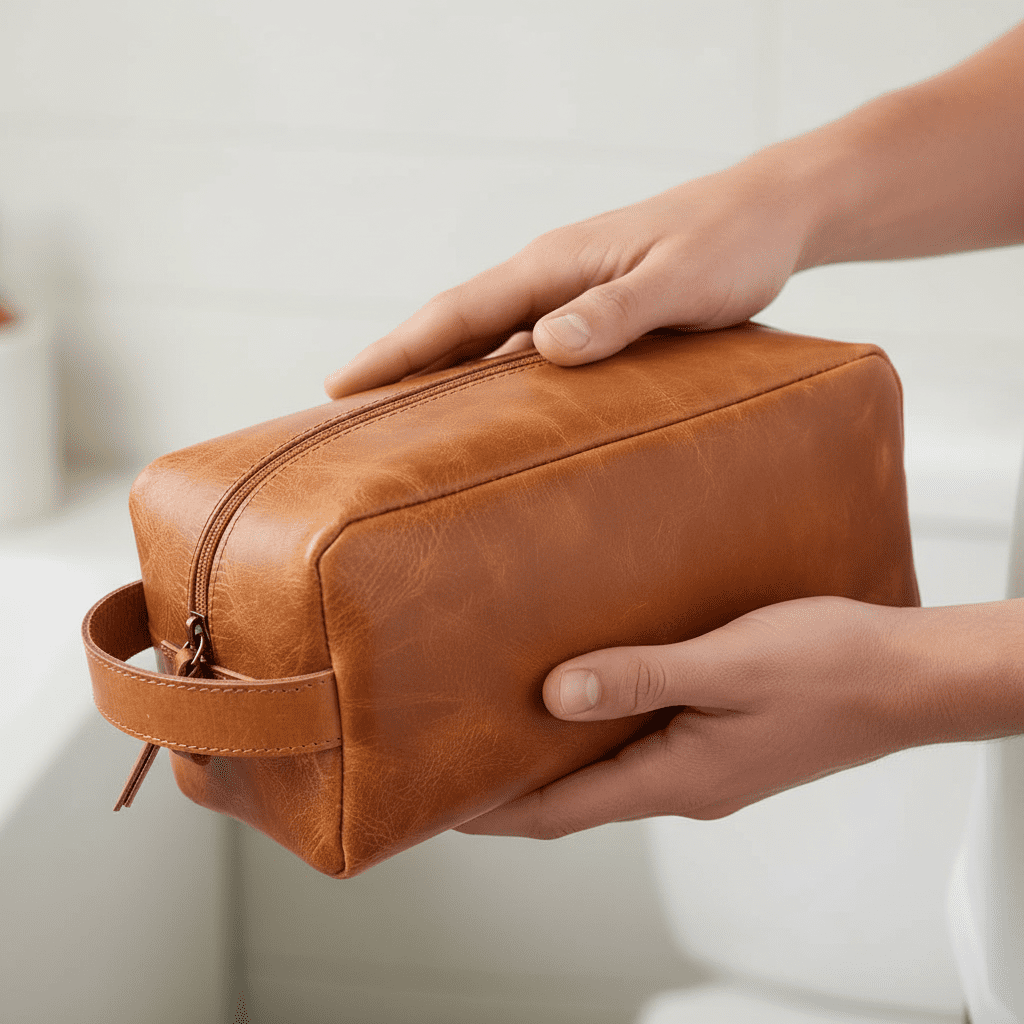 RusticVintage Genuine Leather Toiletry Bag, Cosmetic Case, Classy Dopp Kit For Man Shaving Kit Organizer Travel Kit Pouch Bridesmaid Gifts Hanging Toiletry Case, Makeup Bag - Large Size (Tan)